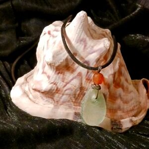 Leather necklace with light green & light brown weathered glass, Handmade